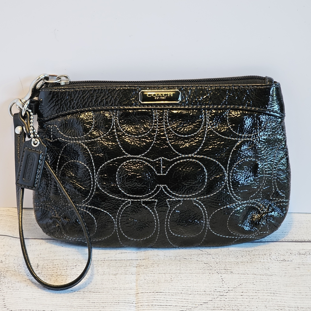 Coach Signature "C" Stitched Black Patent Leather Large Wristlet